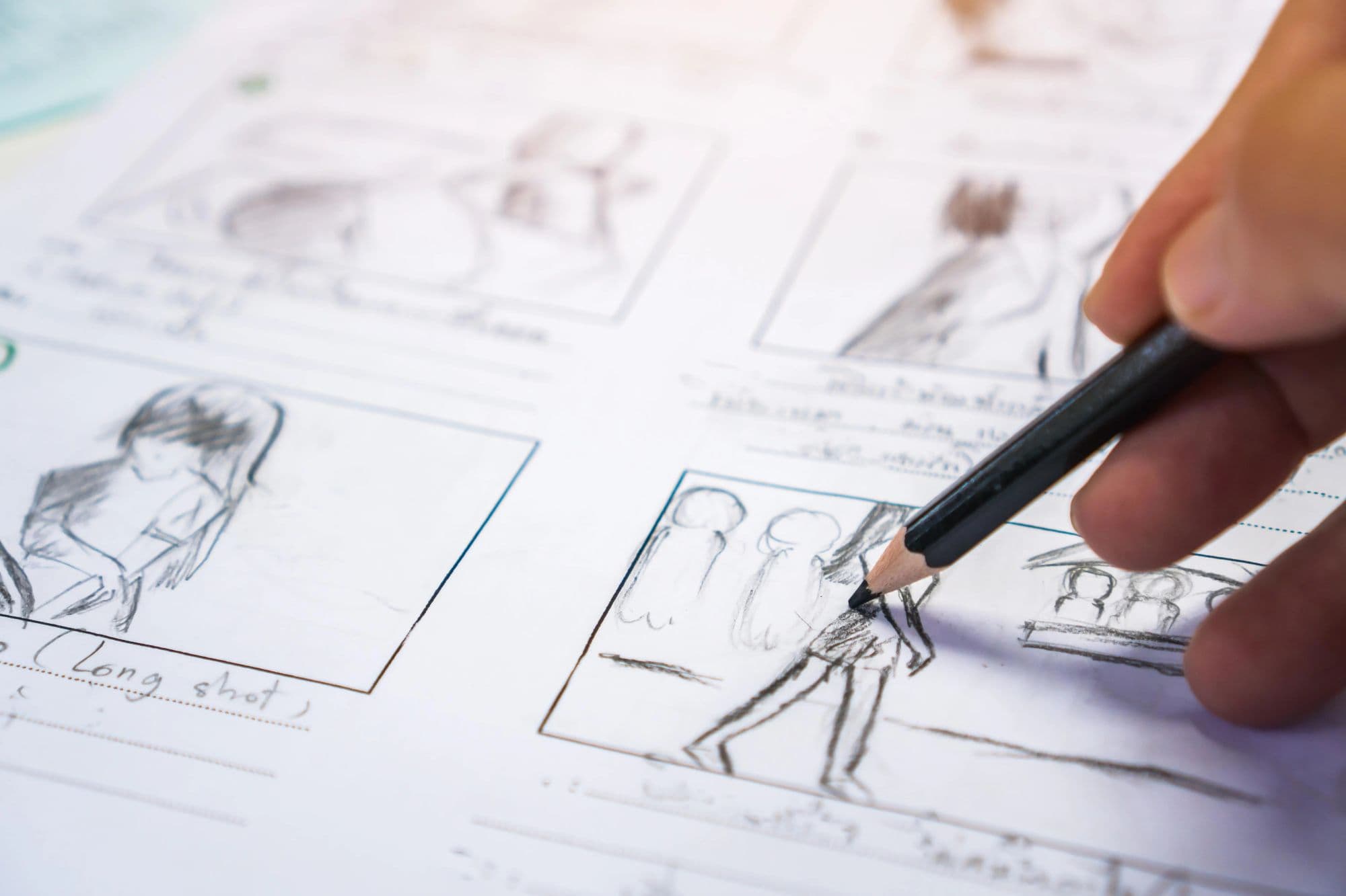 Hand-drawn storyboard panels for planning a video shoot.